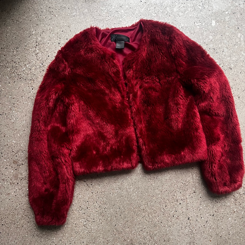 Kardashian Kollection Cropped Red Faux Fur Jacket